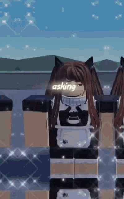 a girl in a maid costume is standing in front of a fence with the word asking written on her face .