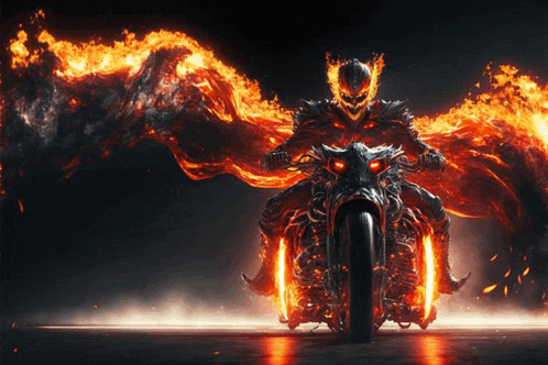 a ghost rider is riding a flaming motorcycle