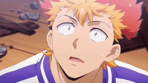 a cartoon character with a purple and white shirt on