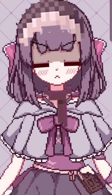 a pixel art drawing of a girl with purple hair and pink bows