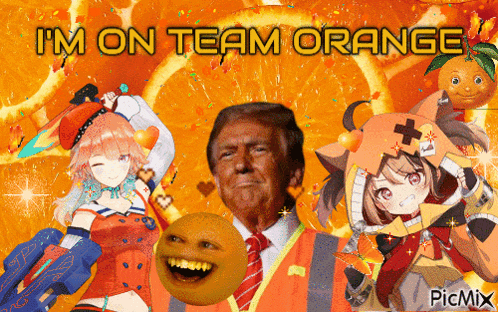 a picture of donald trump and a girl with the words i 'm on team orange