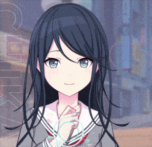 a girl with long black hair and blue eyes stands in front of a sign that says citta