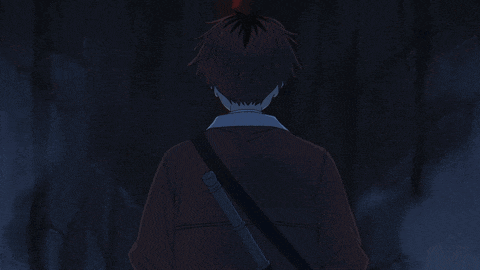 a man in a red jacket is holding a sword in the dark