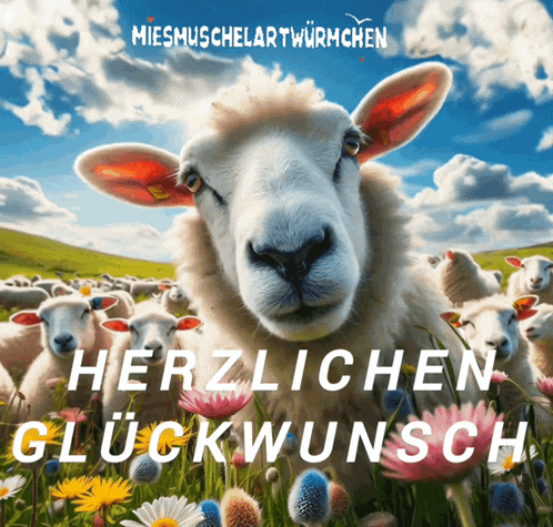 a group of sheep are standing in a field with the words herzlichen glückwunsch on the bottom