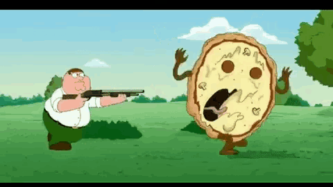 peter griffin is holding a shotgun in front of a pizza with a face on it