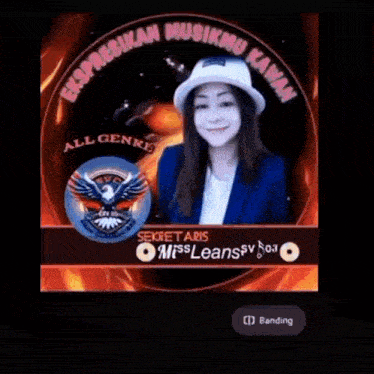 a woman is holding a blue bird in front of a fire circle with the words ekspresikan musikmu kawan written on it