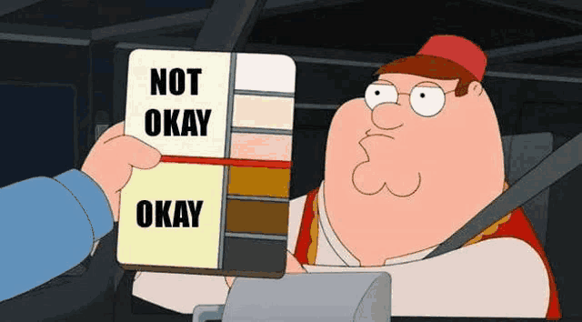 a cartoon character is holding a sign that says `` not okay '' .