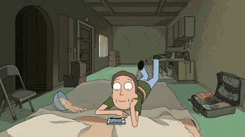 a cartoon character is laying on a bed looking at a cell phone