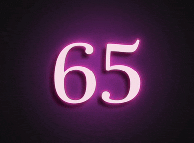 the number 65 is glowing in the dark against a purple background .