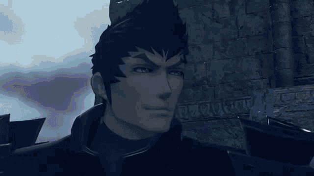 a close up of a video game character 's face with a brick wall in the background .