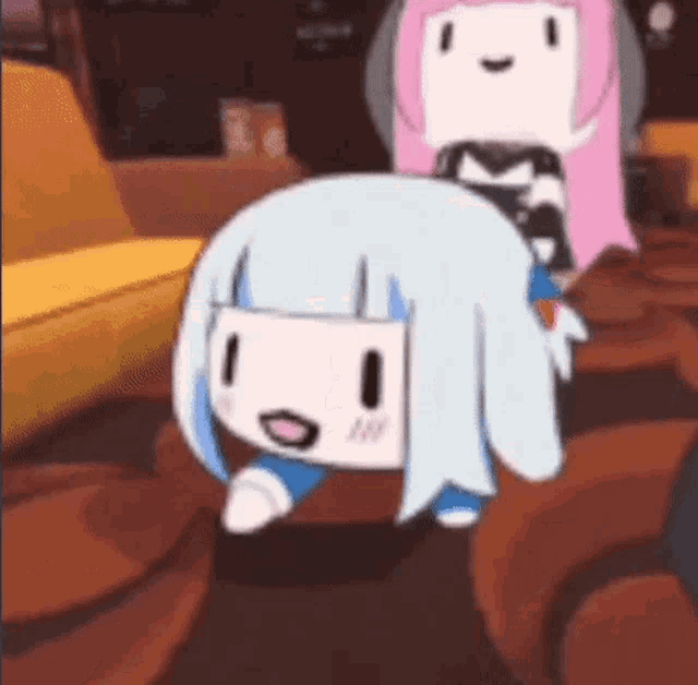 a cartoon girl is sitting on the floor next to a couch and a chair .