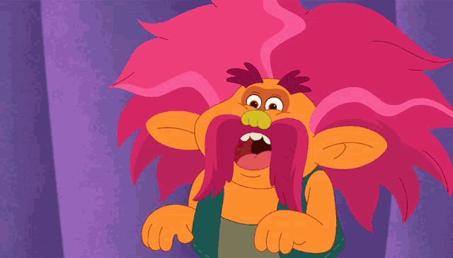 a cartoon character with pink hair and a mustache