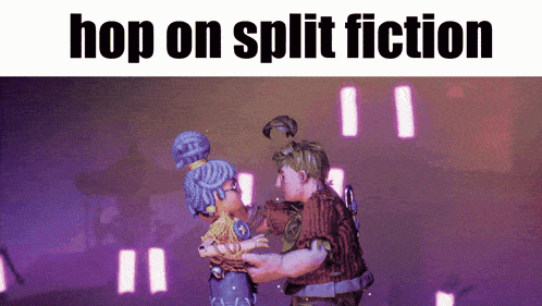 a man and woman are dancing in a video game with the words hop on split fiction above them