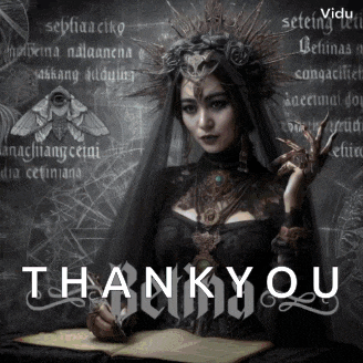 a woman in a black dress is holding a book with the words thank you written below her