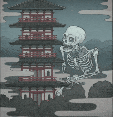an illustration of a skeleton standing in front of a tower