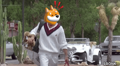 a man wearing a dog mask walks down a street