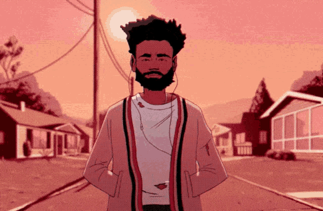 a cartoon drawing of a man with a beard wearing ear buds