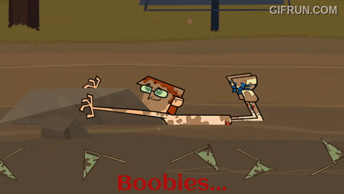 a cartoon character is laying in the mud and the words boobies are visible