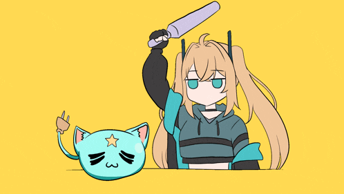 a cartoon of a girl holding a bat and a cat with a star on its head