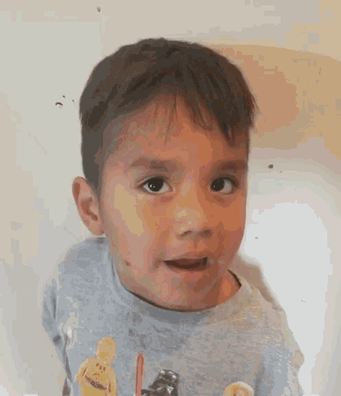 a young boy wearing a star wars shirt is looking at the camera .