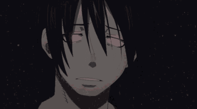 a close up of a person with red eyes and black hair