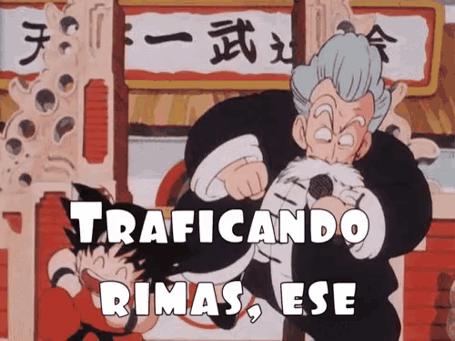 a cartoon of a man holding a microphone that says traficando rimas