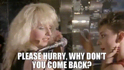 a woman is talking on a phone with the words please hurry why don 't you come back .