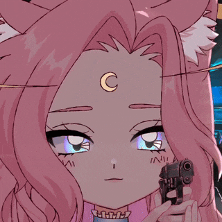 a pink anime girl with a crescent moon on her forehead holds a gun
