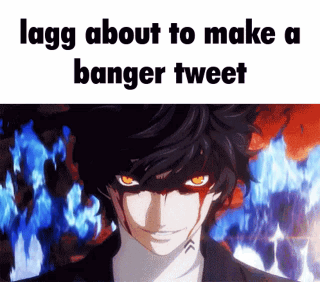 a cartoon of a man with blood on his face and the words " lagg about to make a banger tweet "
