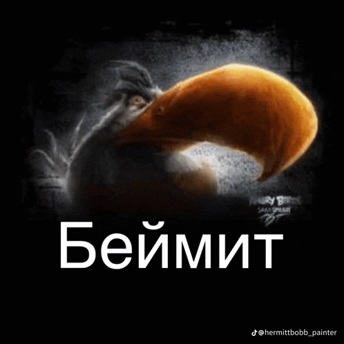 a picture of an angry bird with a large beak and the words " beumit " in white letters on a black background
