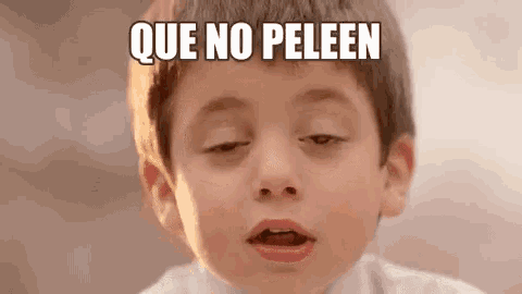 a young boy is making a funny face with his eyes closed and the words que no peleen written above him .