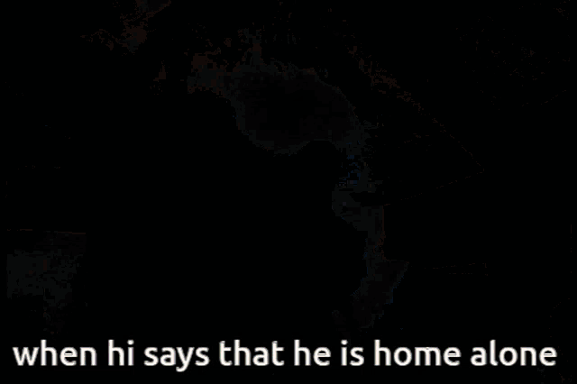 a blurry picture of a person with the words when hi says that he is home alone