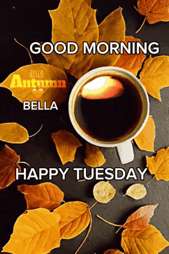 a cup of coffee is surrounded by autumn leaves with the words good morning bella happy tuesday