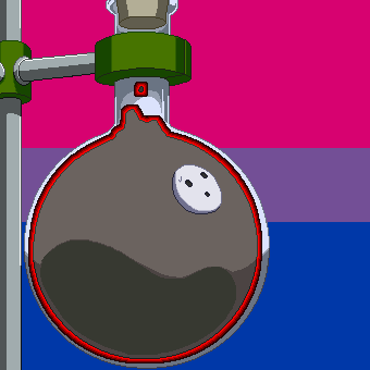 a drawing of a beaker with a smiley face on it in front of a bisexual flag