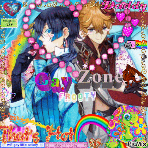 a picture of two anime characters with the words gay zone frooty on the bottom