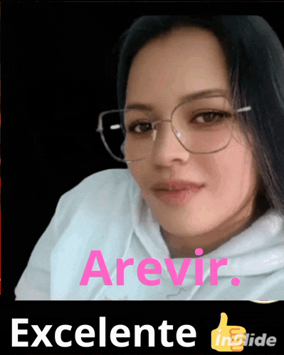 a woman wearing glasses and a white hoodie has the word arevir written on her face
