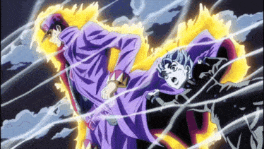 a man in a purple cape is standing next to another man