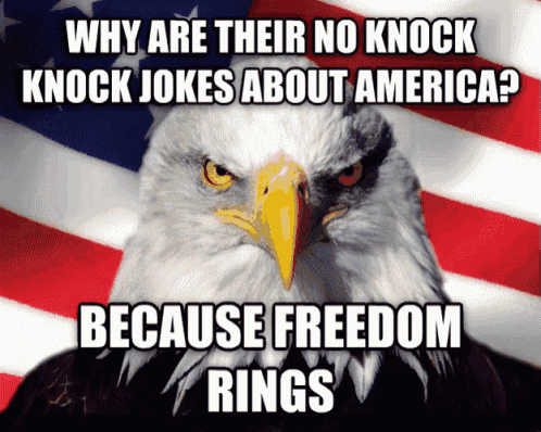 a bald eagle with the words why are their no knock knock jokes about america because freedom rings written below it
