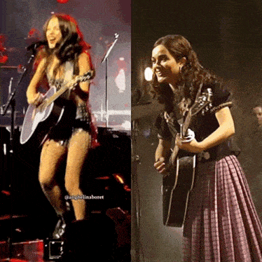 two pictures of a woman playing a guitar and singing on a stage with the hashtag @angolinaboret