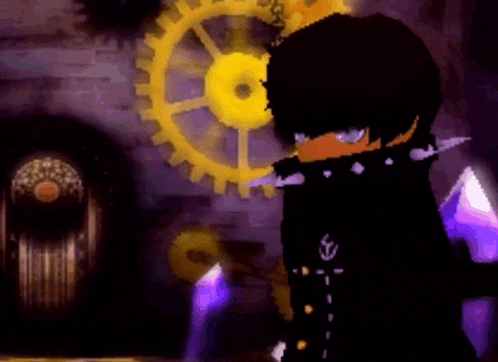 a cartoon character is standing in front of a gear in a room .