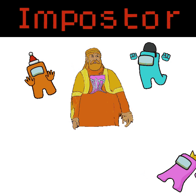 a cartoon of a man and three among us characters with the word impostor above them