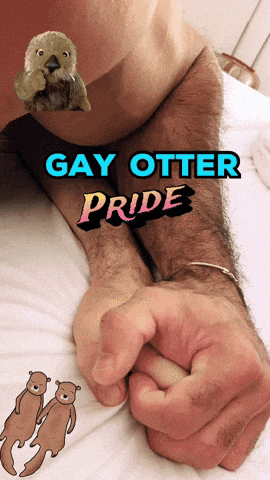 a poster for gay otter pride shows a man holding hands with two otters
