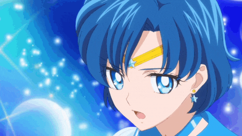a close up of a blue haired anime character with a yellow star on her forehead