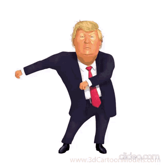 donald trump is a cartoon character in a suit and tie standing on a white background .