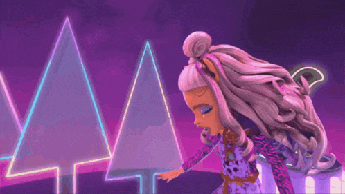 a monster high doll is standing in front of trees
