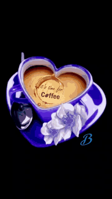 a heart shaped cup of coffee with the words it 's time for coffee written on it