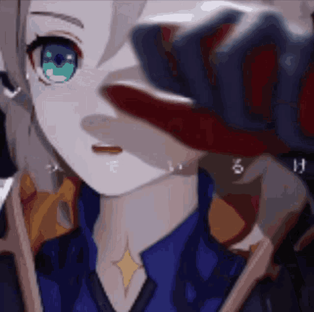 a close up of a girl with blue eyes covering her face