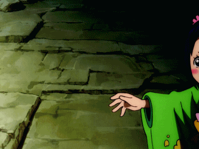 a cartoon girl in a green kimono is standing on a stone floor