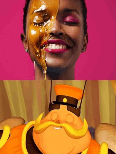 a woman with honey on her face next to a cartoon character with a hat and mustache