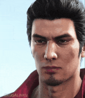 a close up of a man 's face with a red shirt on .